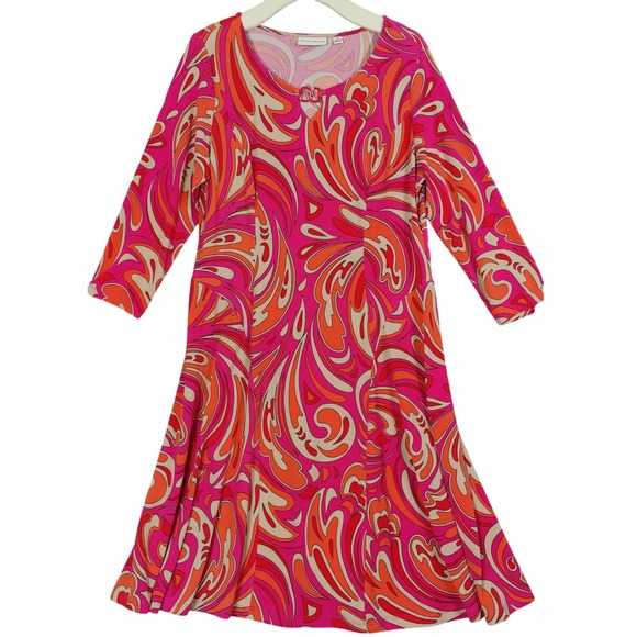 Susan Graver Retro Midi 70's Boho Groovy Dress 3/4 Sleeve Stretchy Pink Womens M - Picture 1 of 8